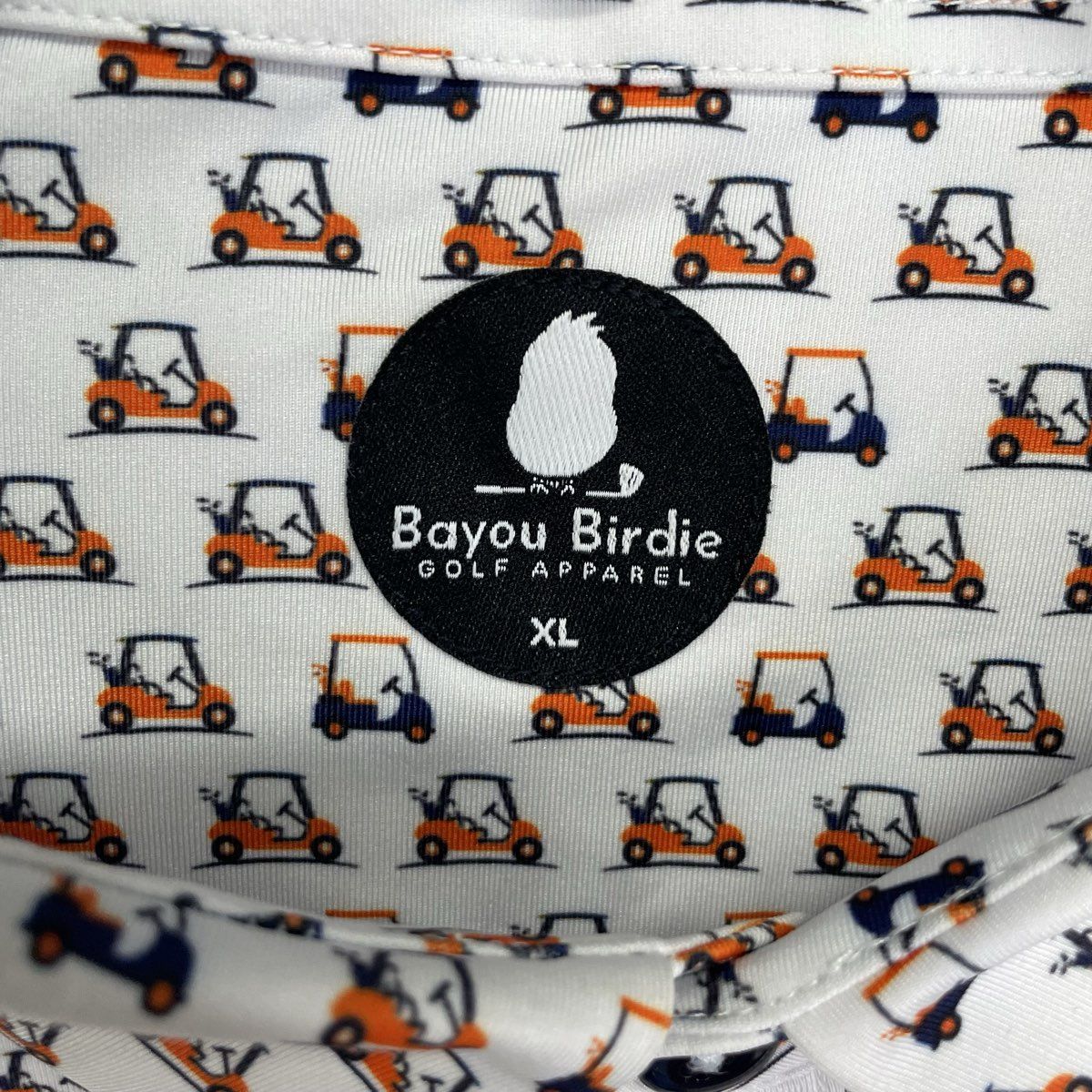 Bayou Birdie Men's Golf Cart All Over Print Polo Shirt White Orange Blue Sz XL