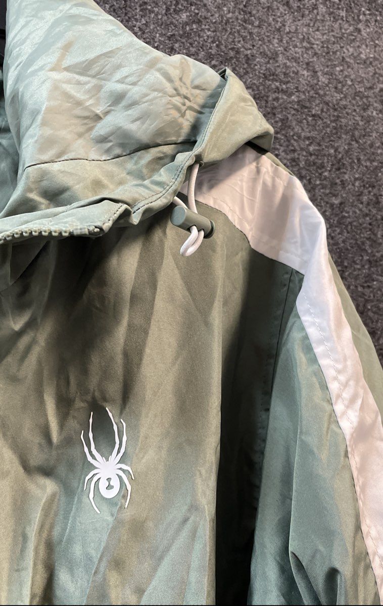 Spyder Men's Sage Green Hooded Windbreaker Full Zip Sleeve Stripe Jacket Sz M