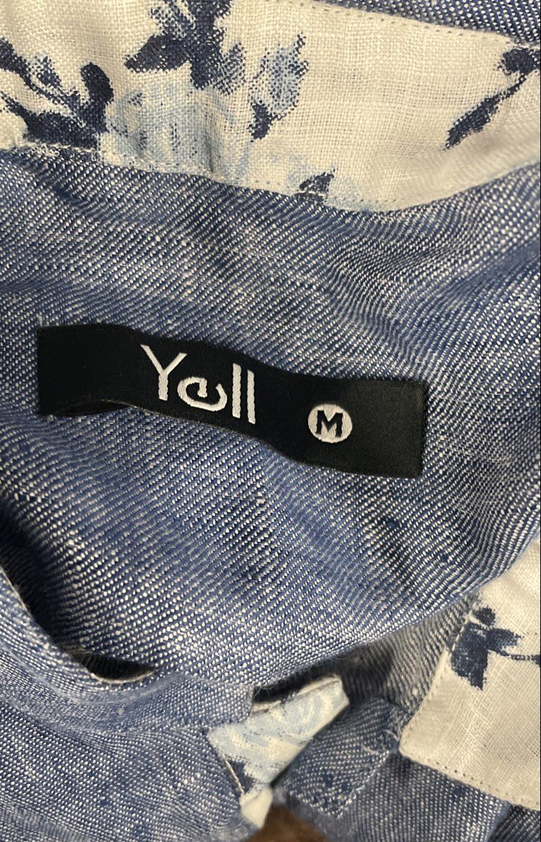 Yell Men's 100% Linen Band Collar Popover Shirt Blue Floral Trim Sz M NWT