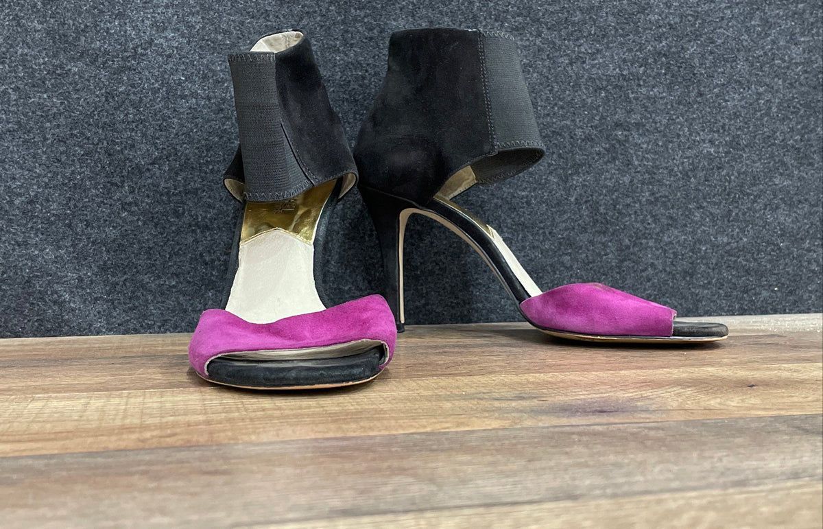 Michael Kors Suede Ankle Wrap Black Purple Stiletto Heels Women's Size 8M