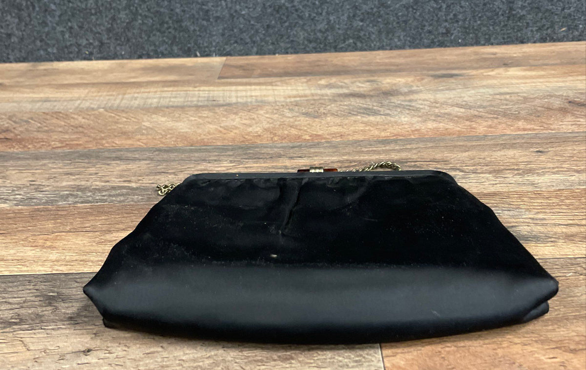 Vintage Ande Black Satin Evening Bag Clutch Gold Chain Amber Clasp Mirror