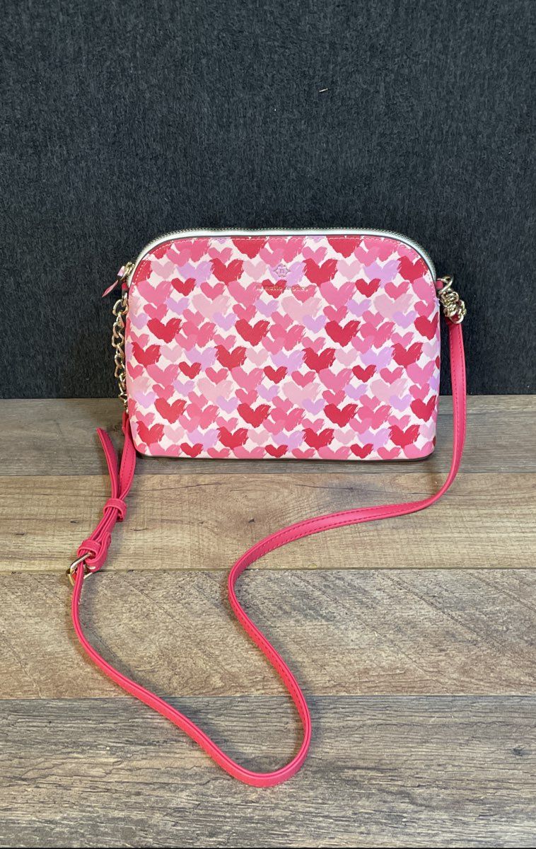 Nanette Lepore Pink Red Heart Pattern Dome Crossbody Bag Gold Hardware