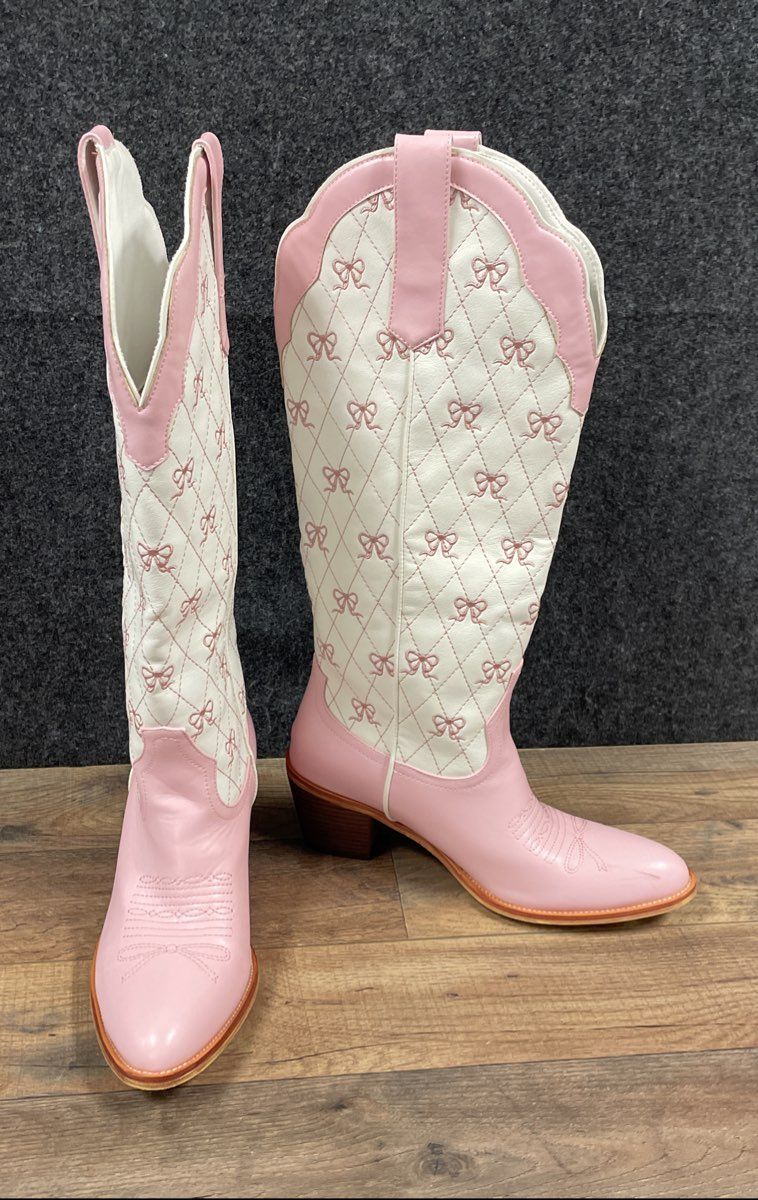 Pink White Bow Embroidered Quilted Western Cowboy Boots Women's Size 8