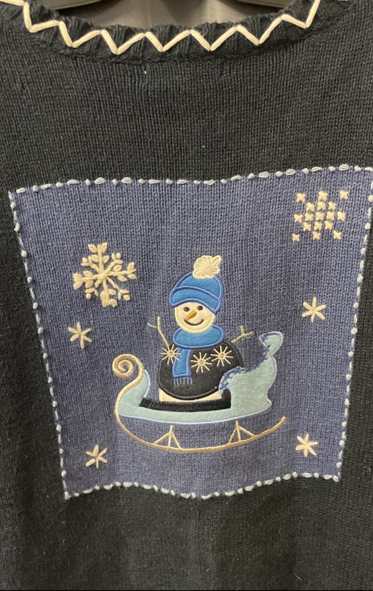 Dress Barn Woman Blue Winter Zip-Up Cardigan Snowflake Snowman Sz 14/16