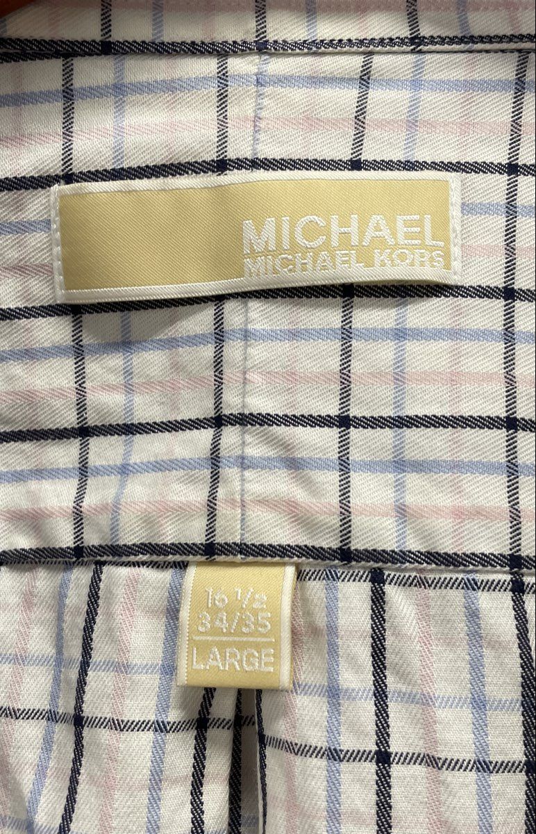 Michael Kors Men's White Blue Tan Plaid LS Button Down Shirt Sz 16.5 34/35