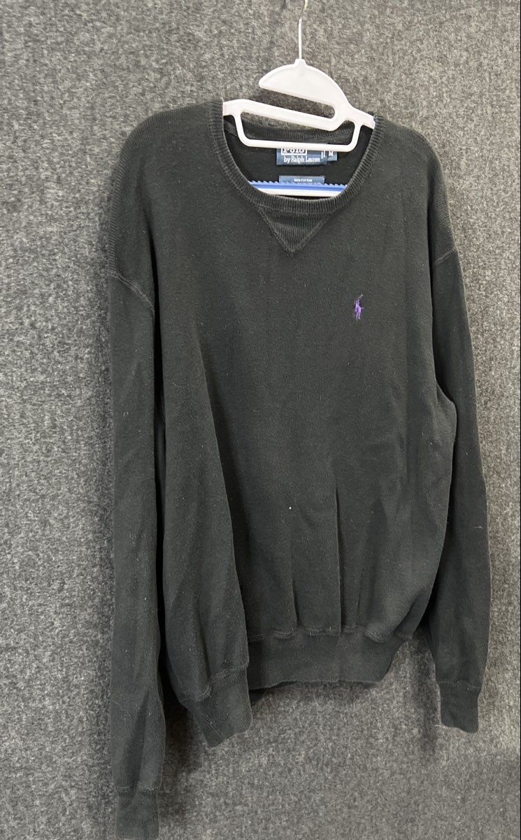 Vintage 90s Polo Ralph Lauren Black Cotton Crewneck Sweater Purple Pony Sz M