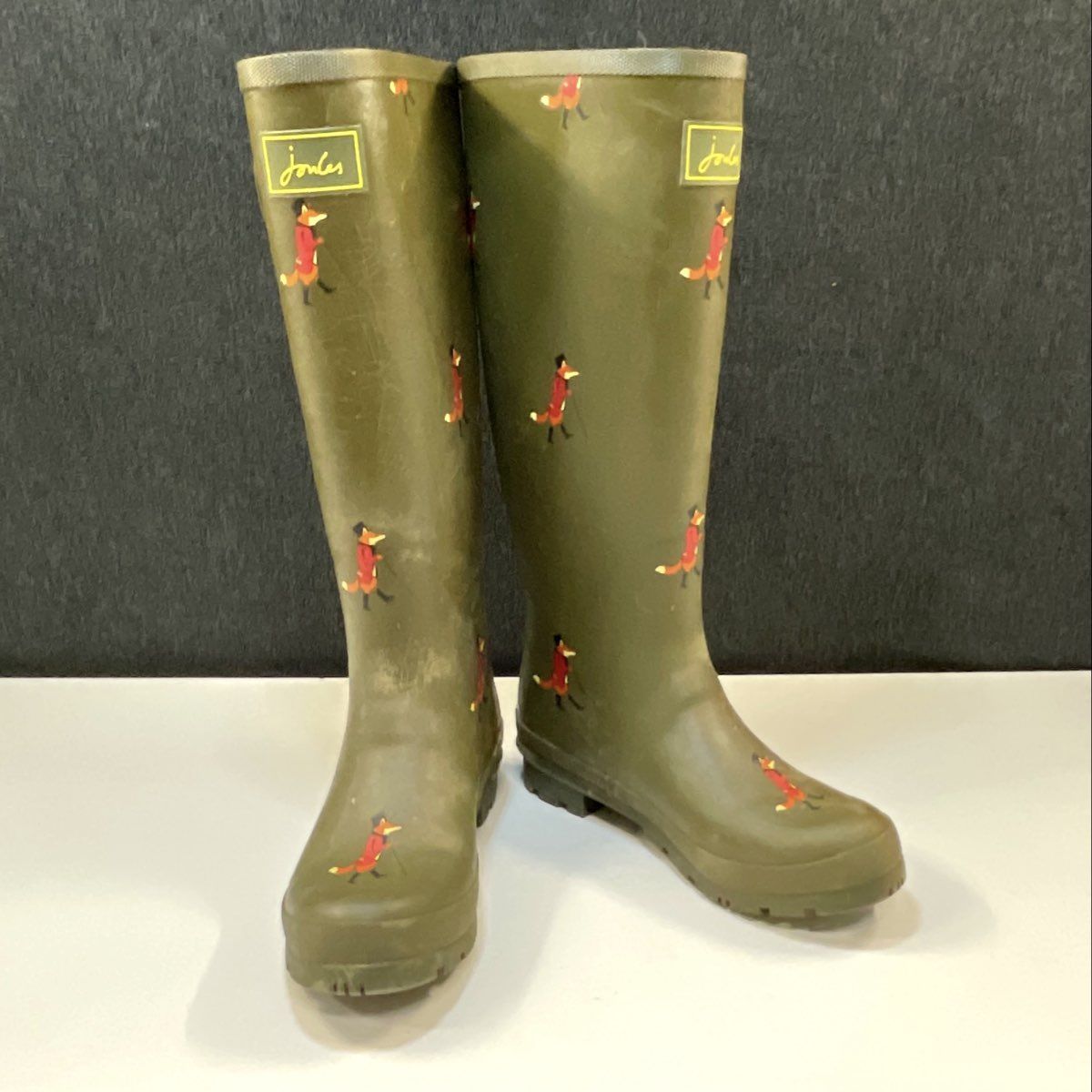 Joules Olive Green Mr Fox Print Tall Rubber Rain Boots Wellies Size 8