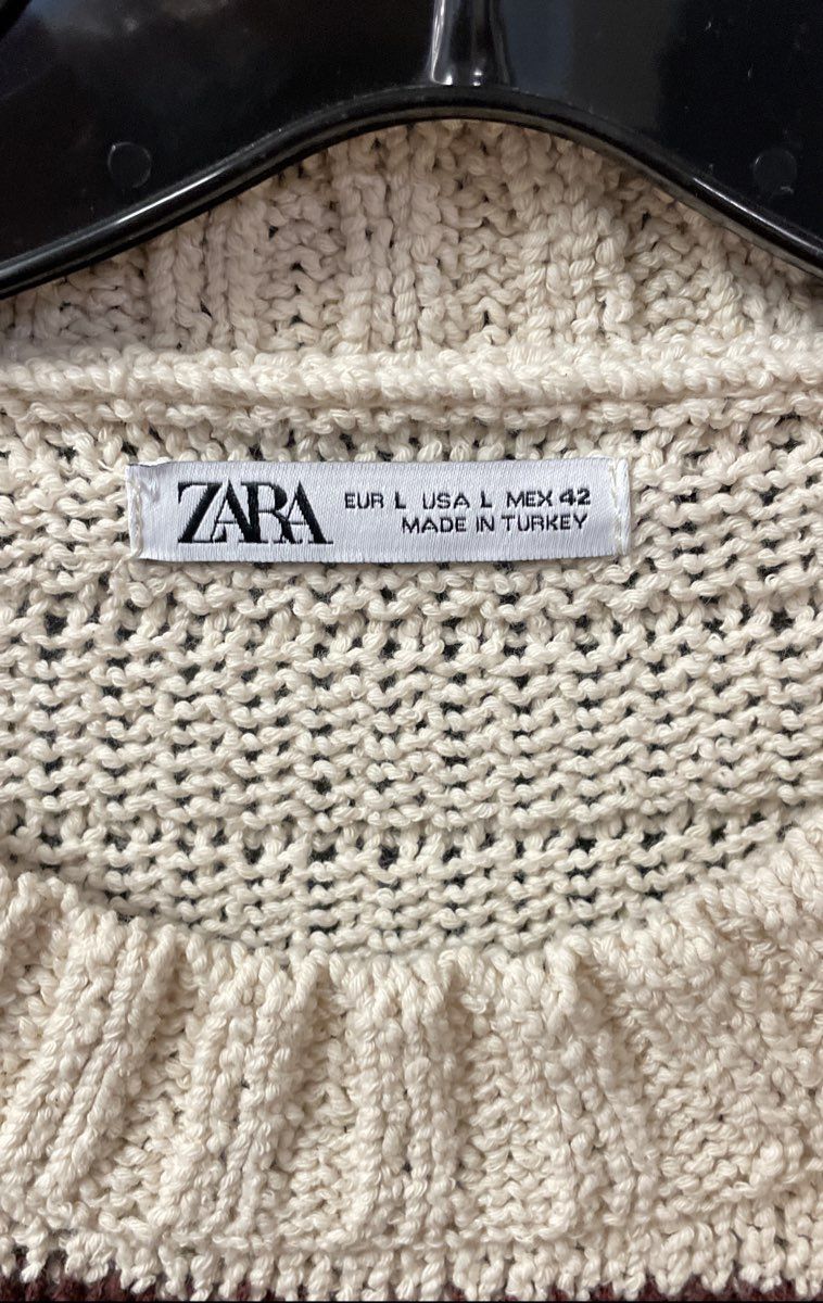 Zara Men's Brown White Striped Chunky Cotton Blend Crewneck Sweater Sz L