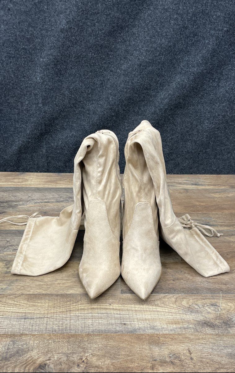 Beige Faux Suede Slouchy Thigh-High Pointed Toe Stiletto Boots Women's Size 8