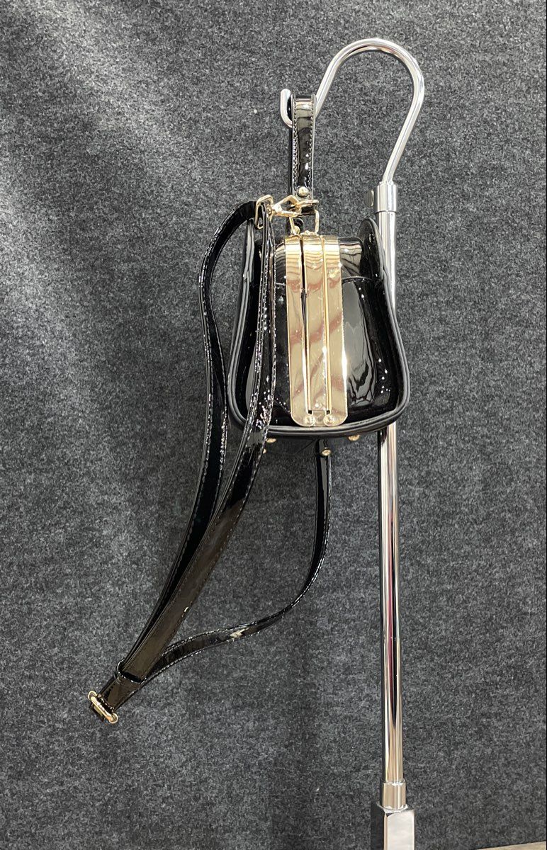 Black Latex Rhinestone Kiss Lock Satchel Crossbody Handbag Gold Hardware