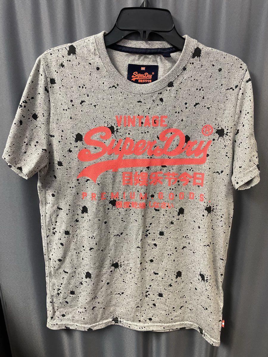 Superdry Men's Grey Graphic T-Shirt Black Paint Splatter Orange Logo Size L