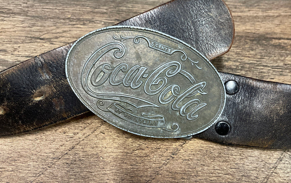 Vintage Coca-Cola Belt Buckle With Leather Belt Advertising 5 Cents Fountains