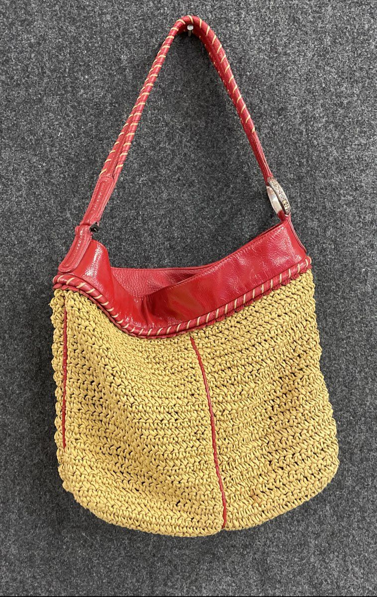Brighton Red Leather Trim Woven Straw Hobo Shoulder Bag Medium