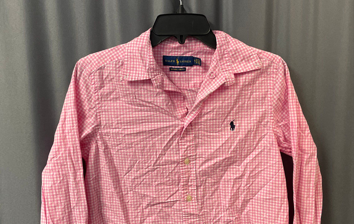 Ralph Lauren Boys Pink Gingham Check Natural Stretch Shirt Sz L 14-16