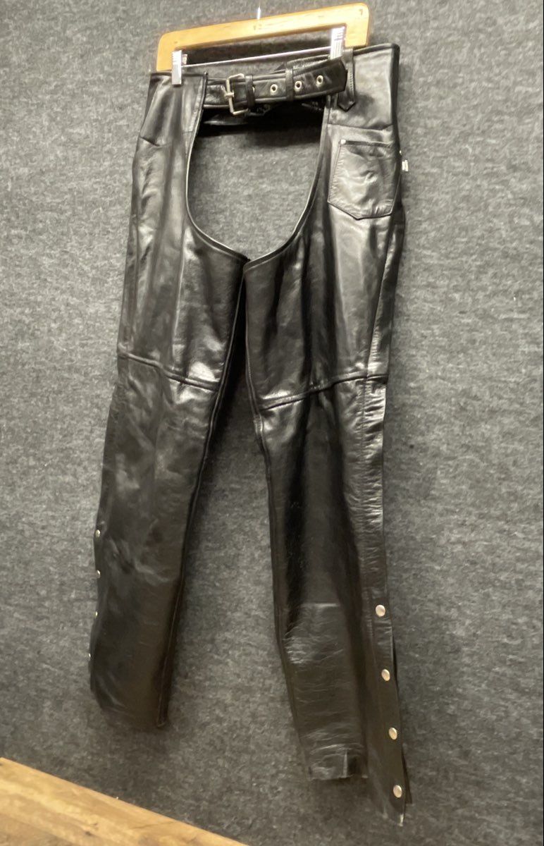Leather King Men's Black Leather Motorcycle Chaps Belted Zippered Side XL