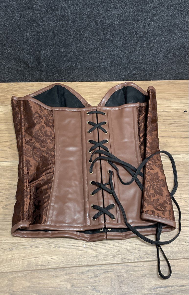 Women's 3-Piece Brown Damask Corset Set Steampunk Gothic Lingerie Sz XL