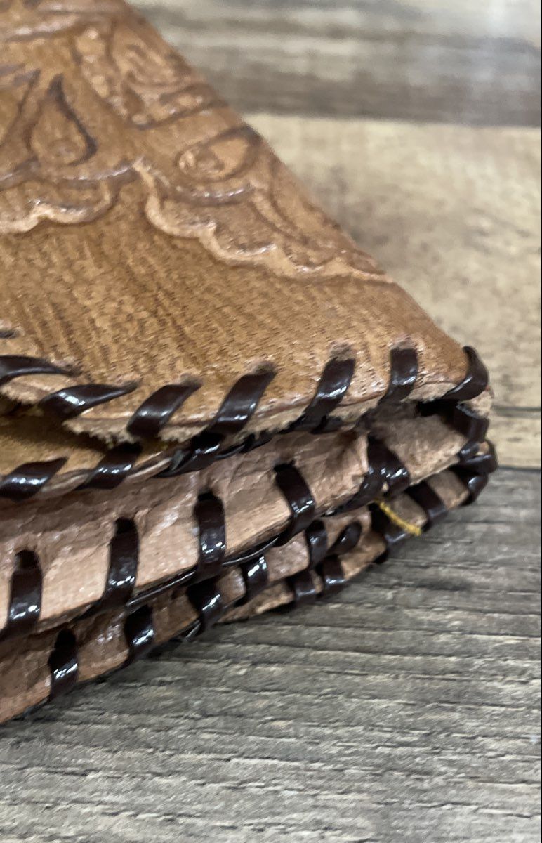 Vintage Tan Tooled Leather Mandala Floral Whipstitch Clutch Wallet