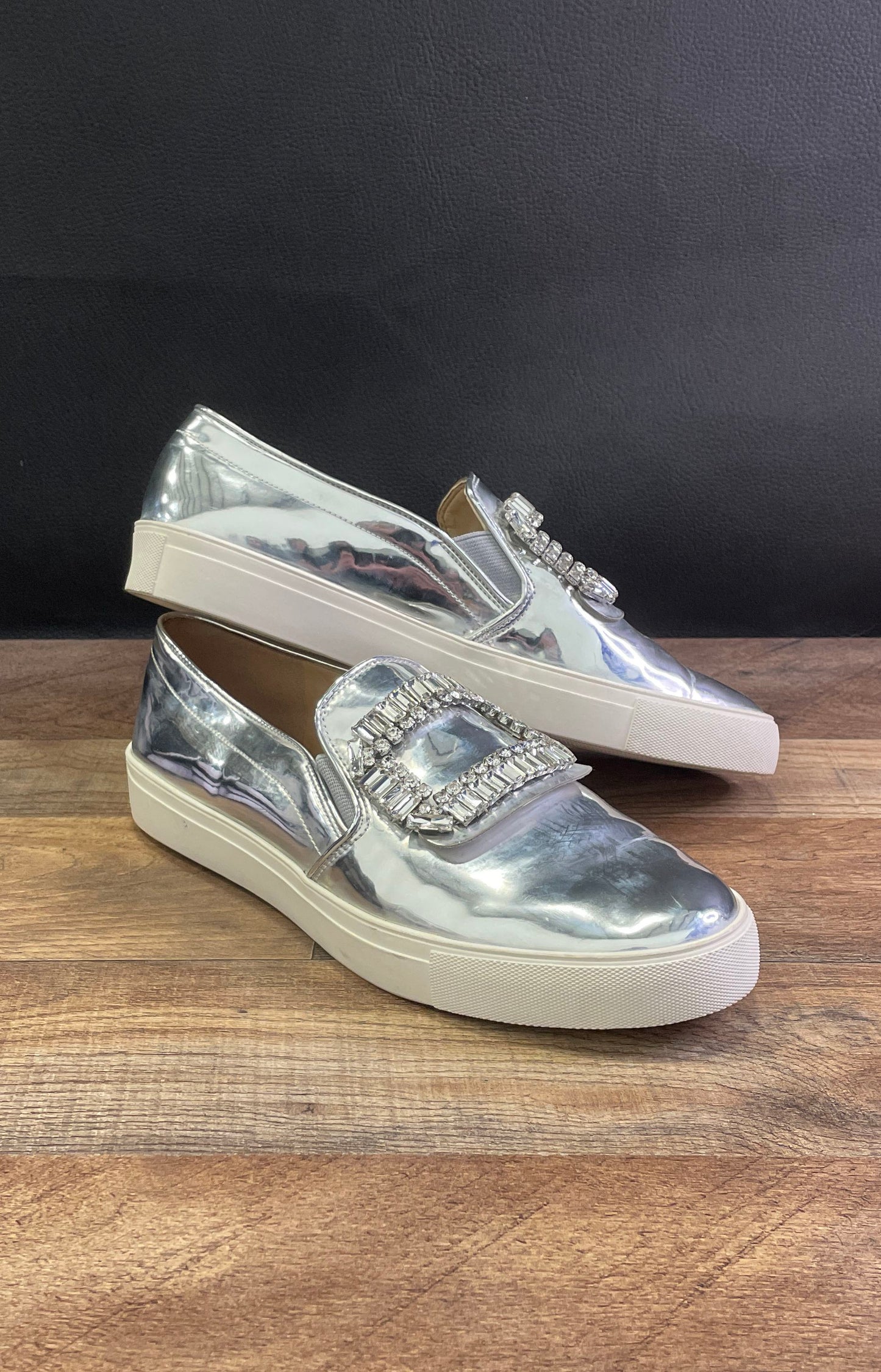 Karl Lagerfeld Paris Ermine 3 Metallic Silver Crystal Platform Sneakers Size 9