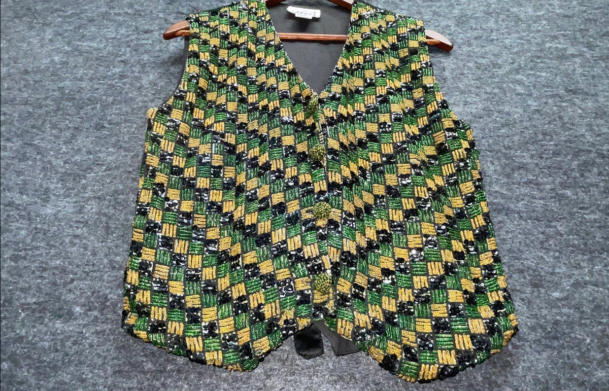 Effeci Women's Vintage 90s Beaded Sequined Checkerboard Evening Vest Sz M
