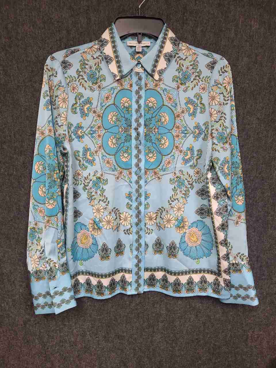 Maison d'Amelie Women's Blue Floral Scroll Scarf Print Button Down Blouse Sz XS