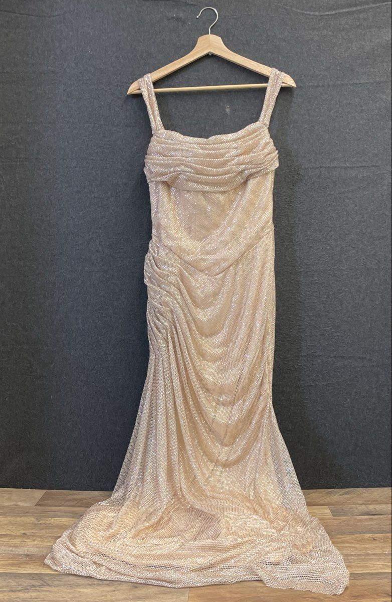 Ballbella Women's Rose Gold Sparkling Metallic Ruched Draped Gown NWT