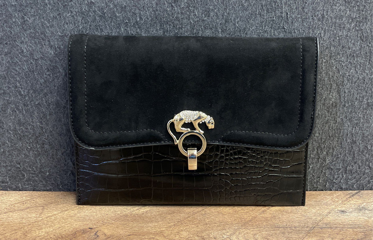 Topshop Black Croc Embossed Faux Leather Suede Panther Chain Crossbody Bag