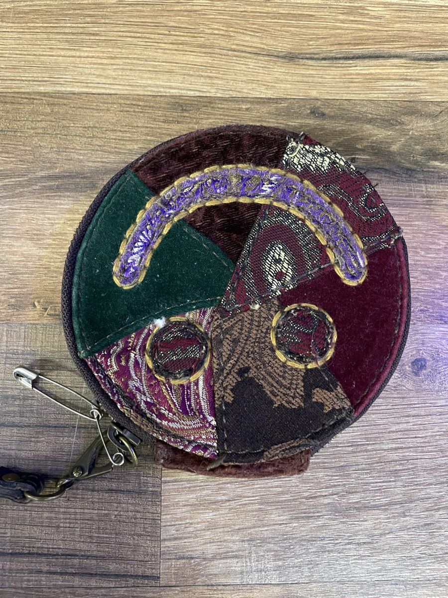Lucky Brand Burgundy Suede Peace Sign Patchwork Wristlet Coin Purse Boho