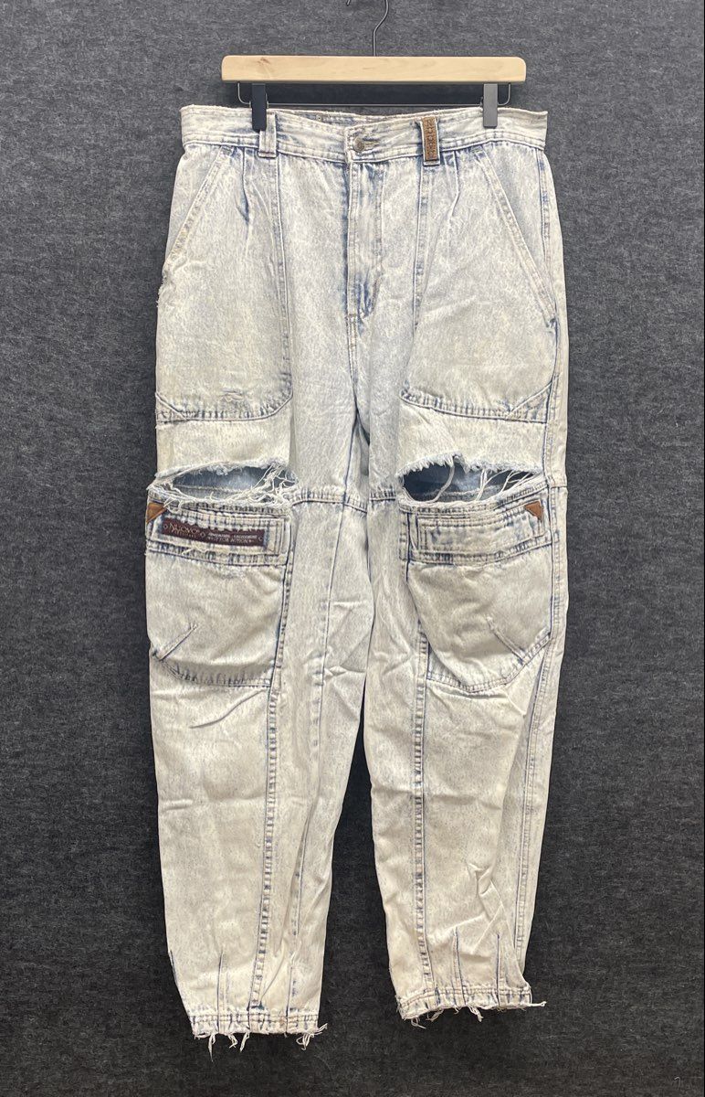 Vintage 90s Nuovo Men's Acid Wash Ripped Distressed Cargo Carpenter Pants