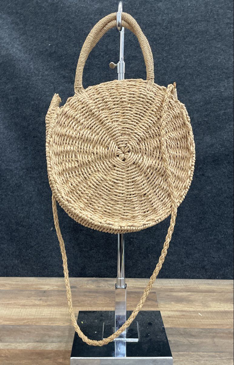 Unbranded Natural Tan Woven Straw Round Circular Crossbody Shoulder Bag Tote