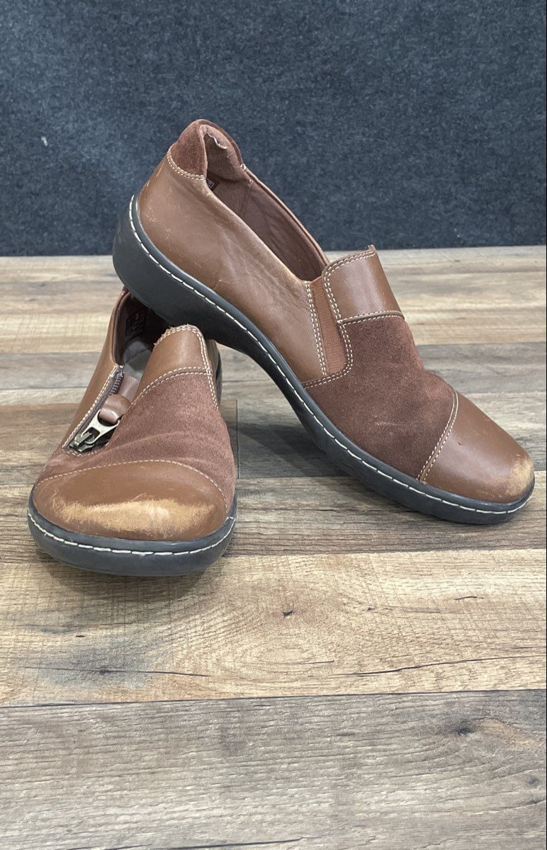 Clarks Collection Brown Leather Suede Side Zip Women's Clogs Size 11