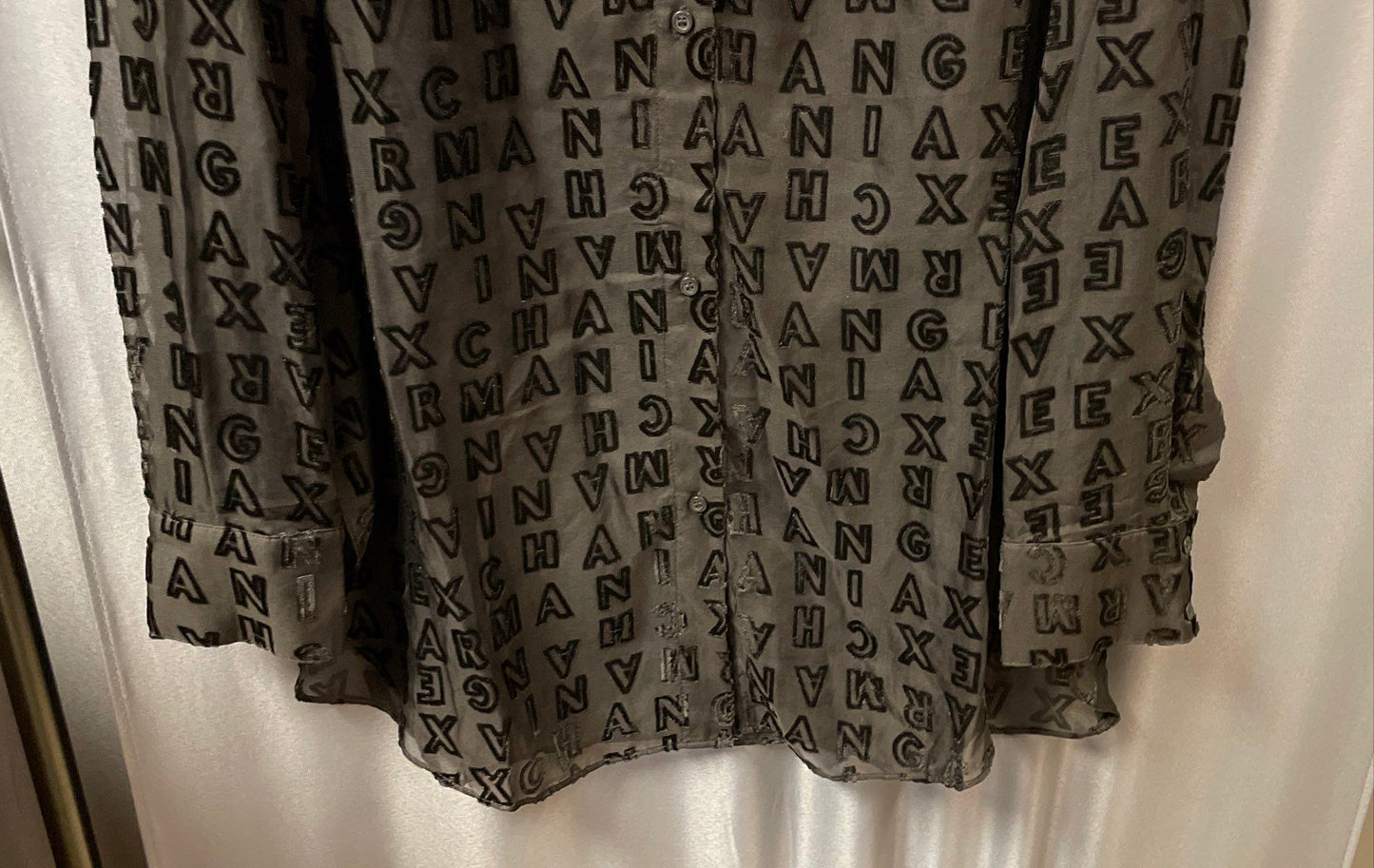 Armani Exchange Women's Black Sheer Logo Flocked Devore Button Up Shirt Sz L