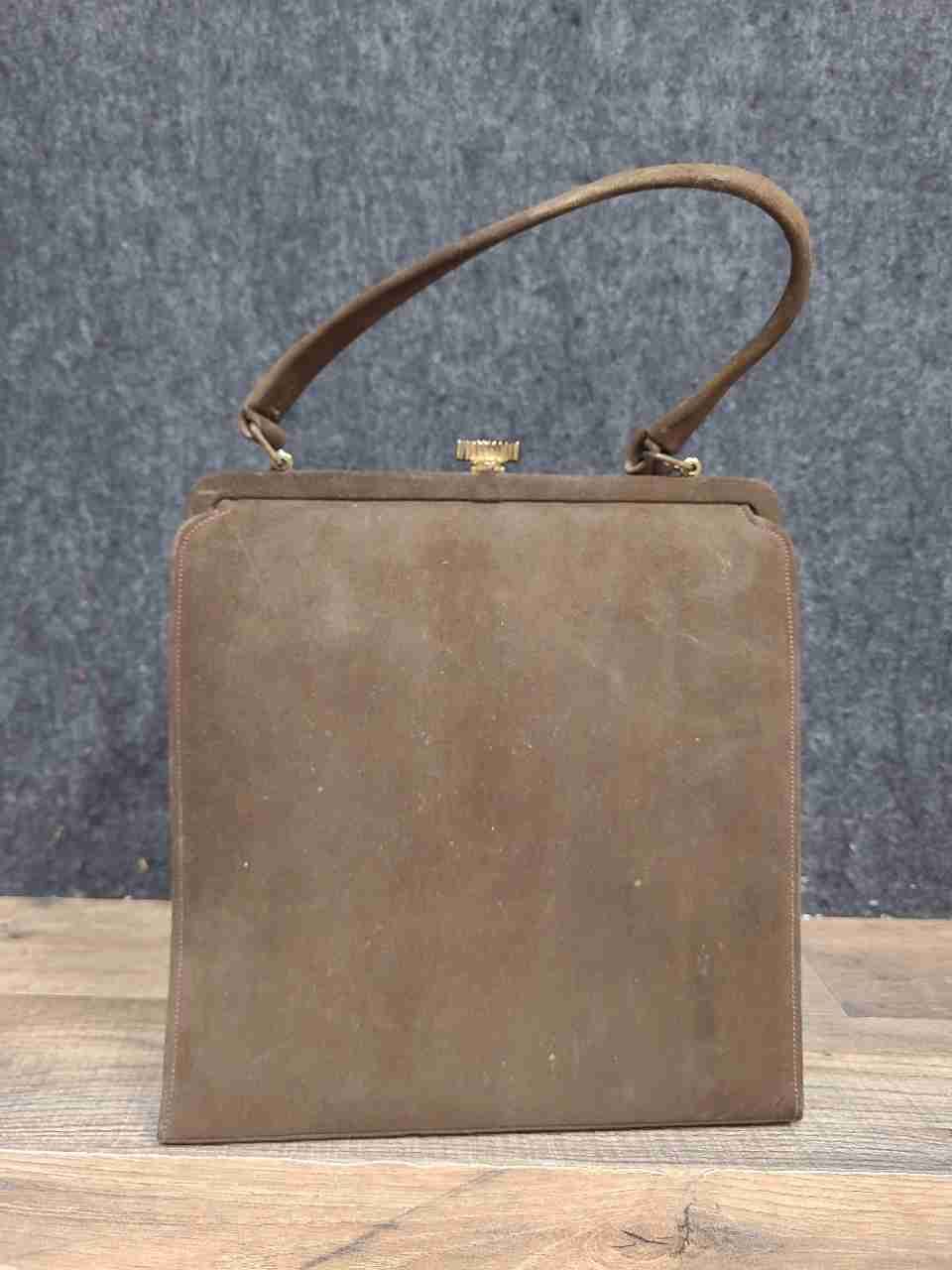Vintage 1950s Brown Suede Leather Stripe Top Handle Frame Bag Handbag