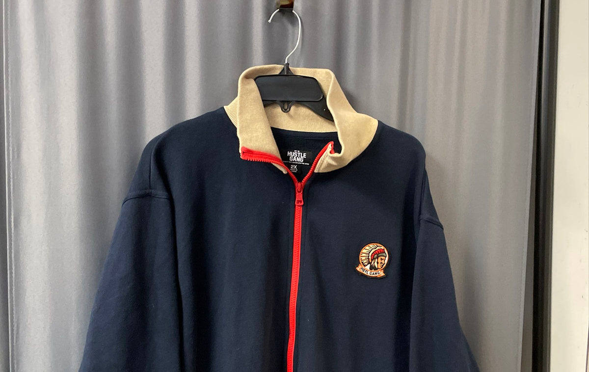Hustle Gang Men's Full Zip Track Jacket Navy Blue Tan Elbow Patches Sz 2XL