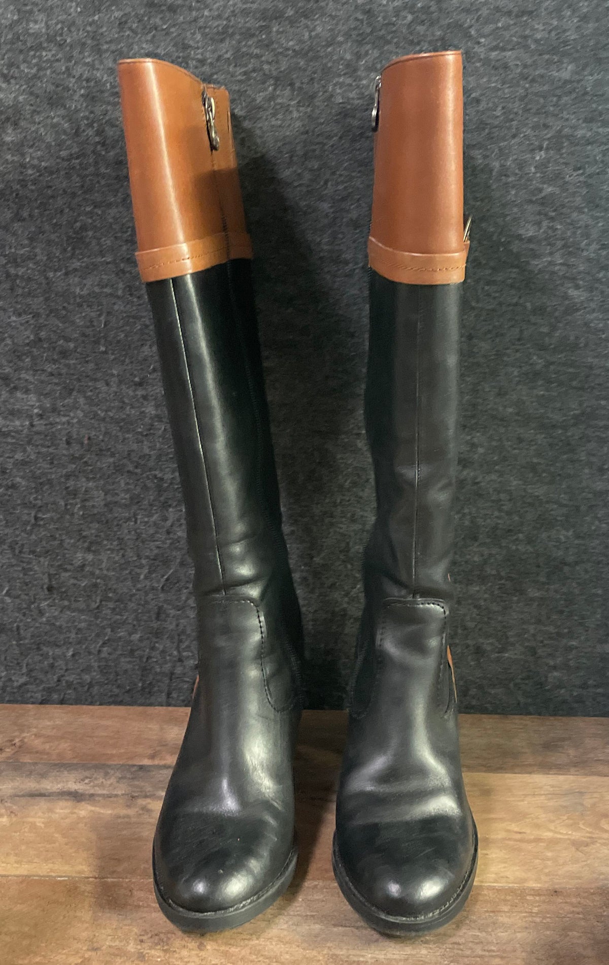 Etienne Aigner Black Brown Two-Tone Leather Tall Riding Boots Women's Size 7.5