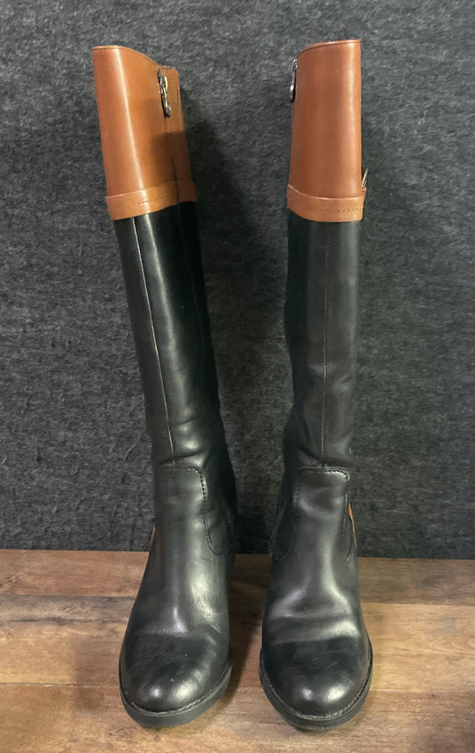 Etienne Aigner Black Brown Two-Tone Leather Tall Riding Boots Women's Size 7.5