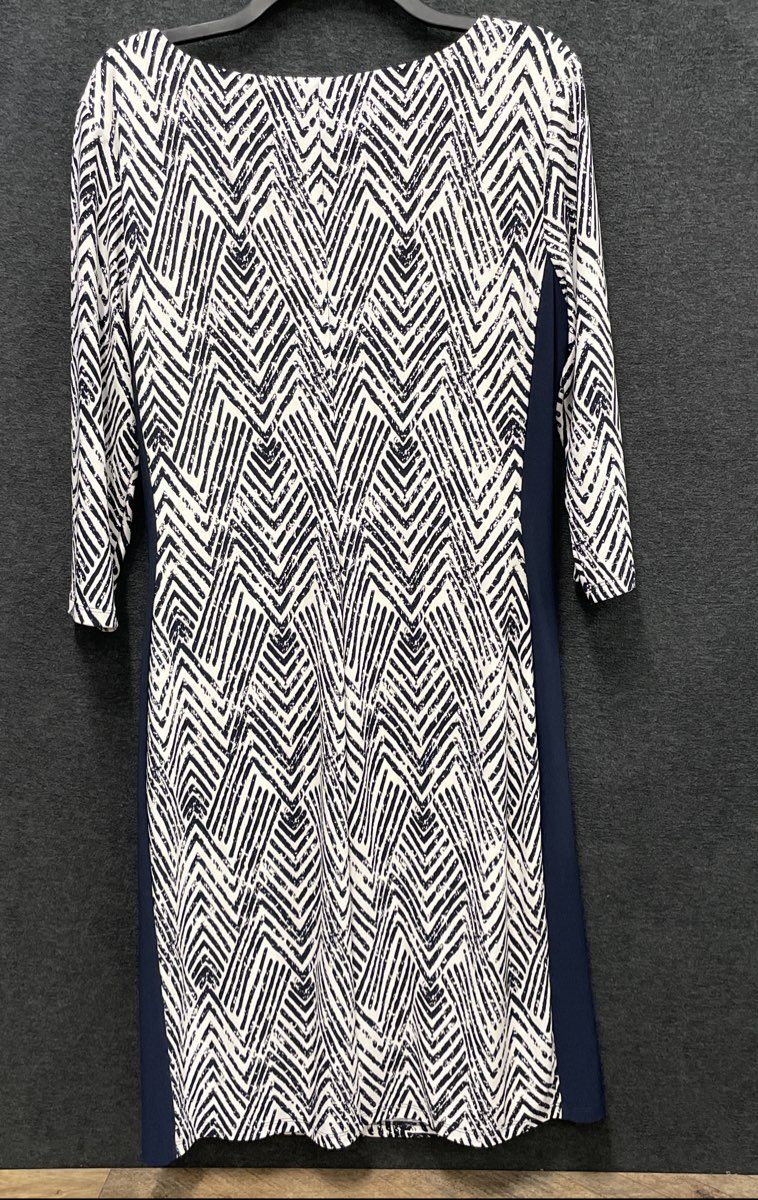 Lauren Ralph Lauren Women's Navy White Chevron Ruched 3/4 Sleeve Dress Sz 14