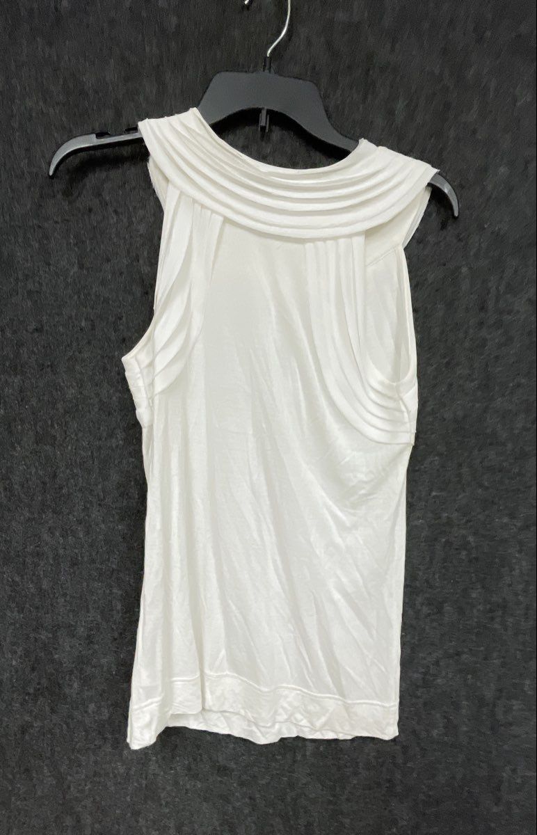 Calvin Klein Women's White Pleated Neckline Sleeveless Blouse Top Sz XS