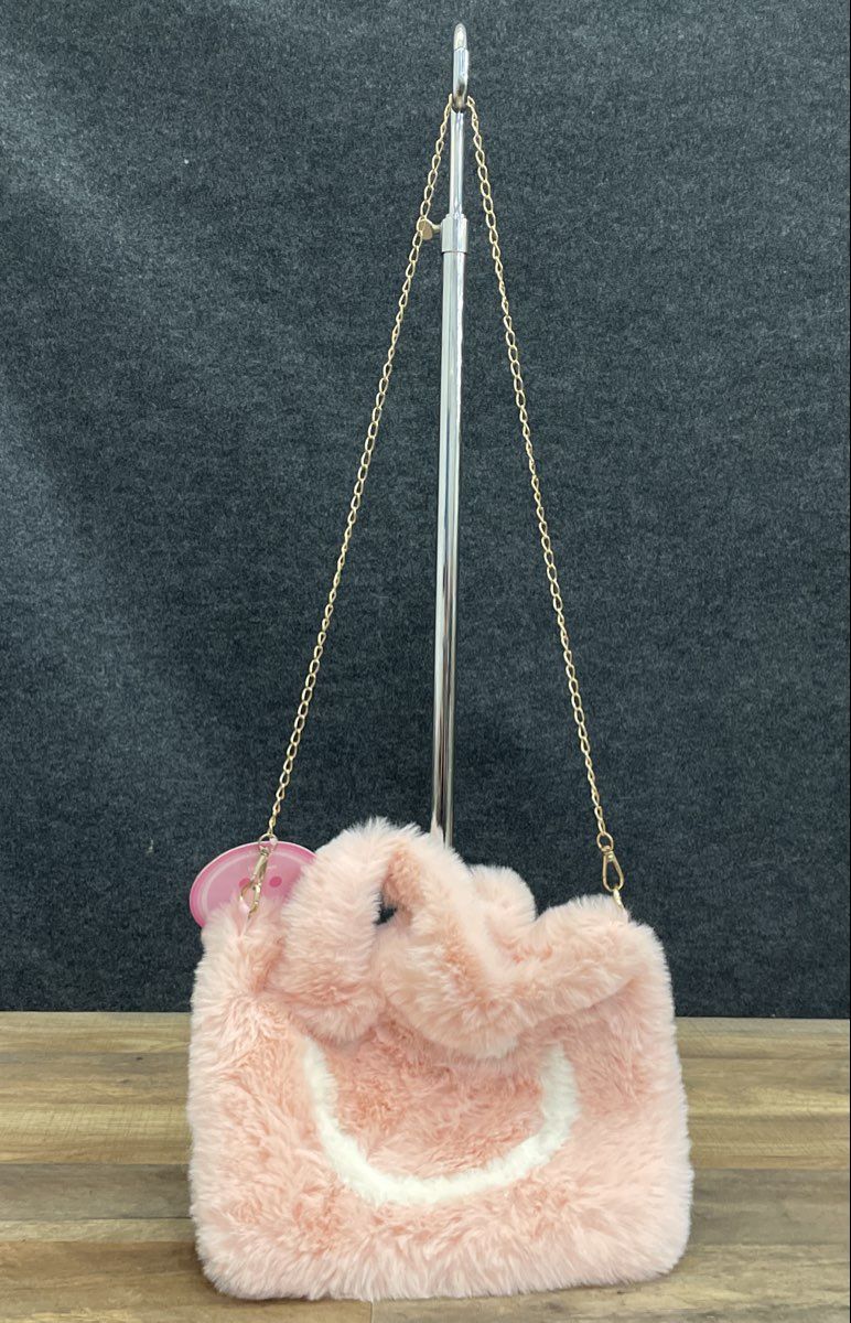 Danbar Pink Fuzzy Faux Fur Smiley Face Shoulder Bag Gold Chain Strap NWT