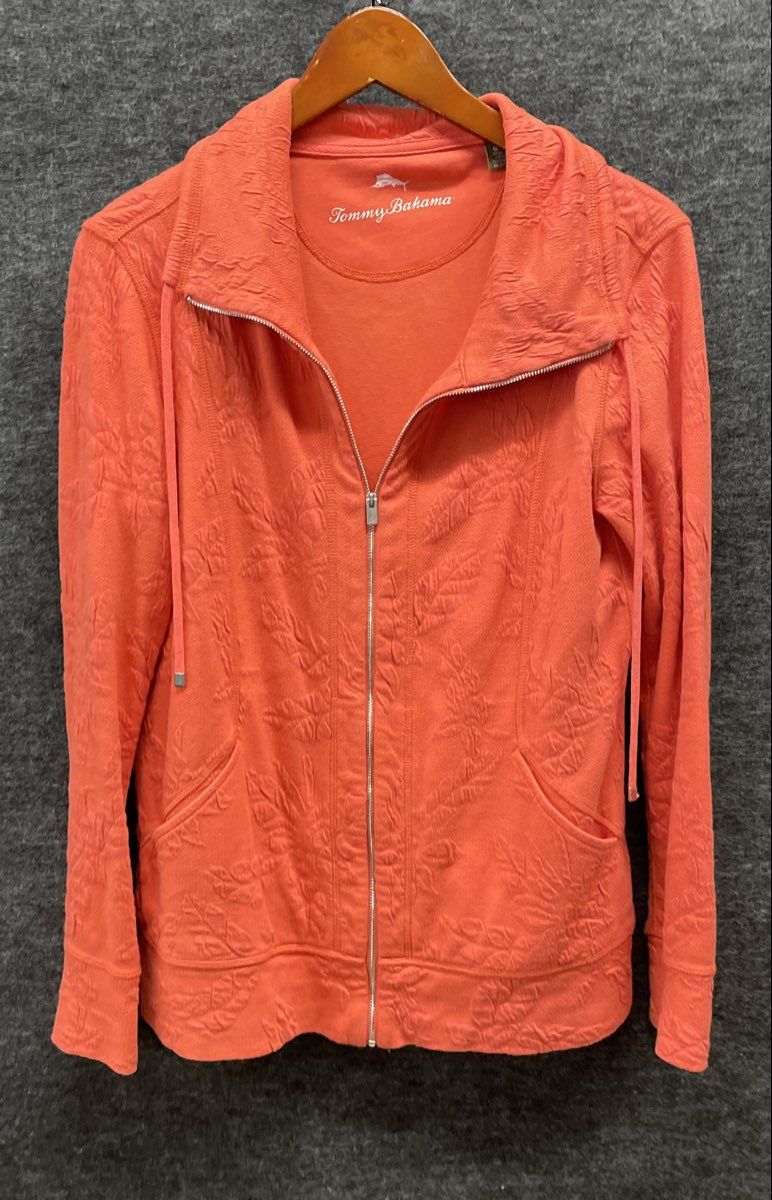 Tommy Bahama Women's Pink Embossed Floral Full Zip Jacket Mock Neck Sz S