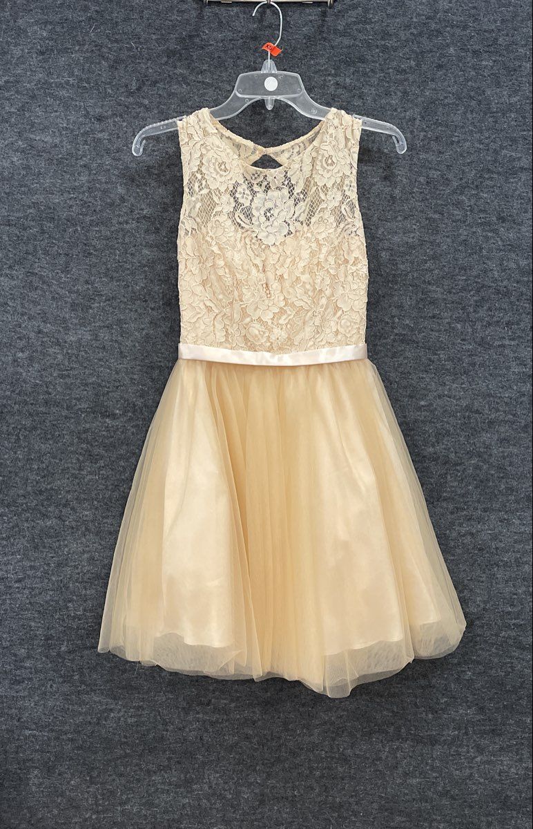 Women's Gold Champagne Lace Tulle Cocktail Prom Dress Lace Up Back Sz XS