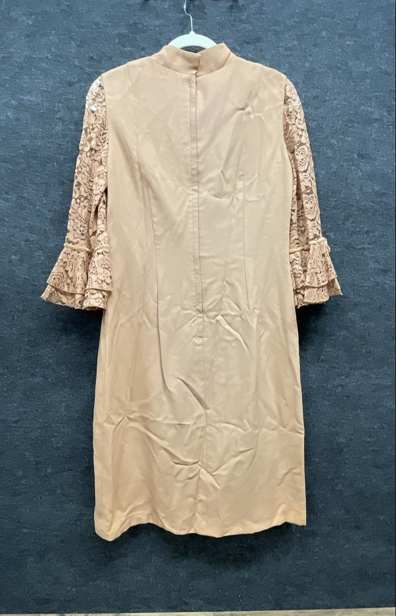 Vintage 70s Women's Tan Mock Neck Dress Floral Lace Sleeves Ruffle Cuffs