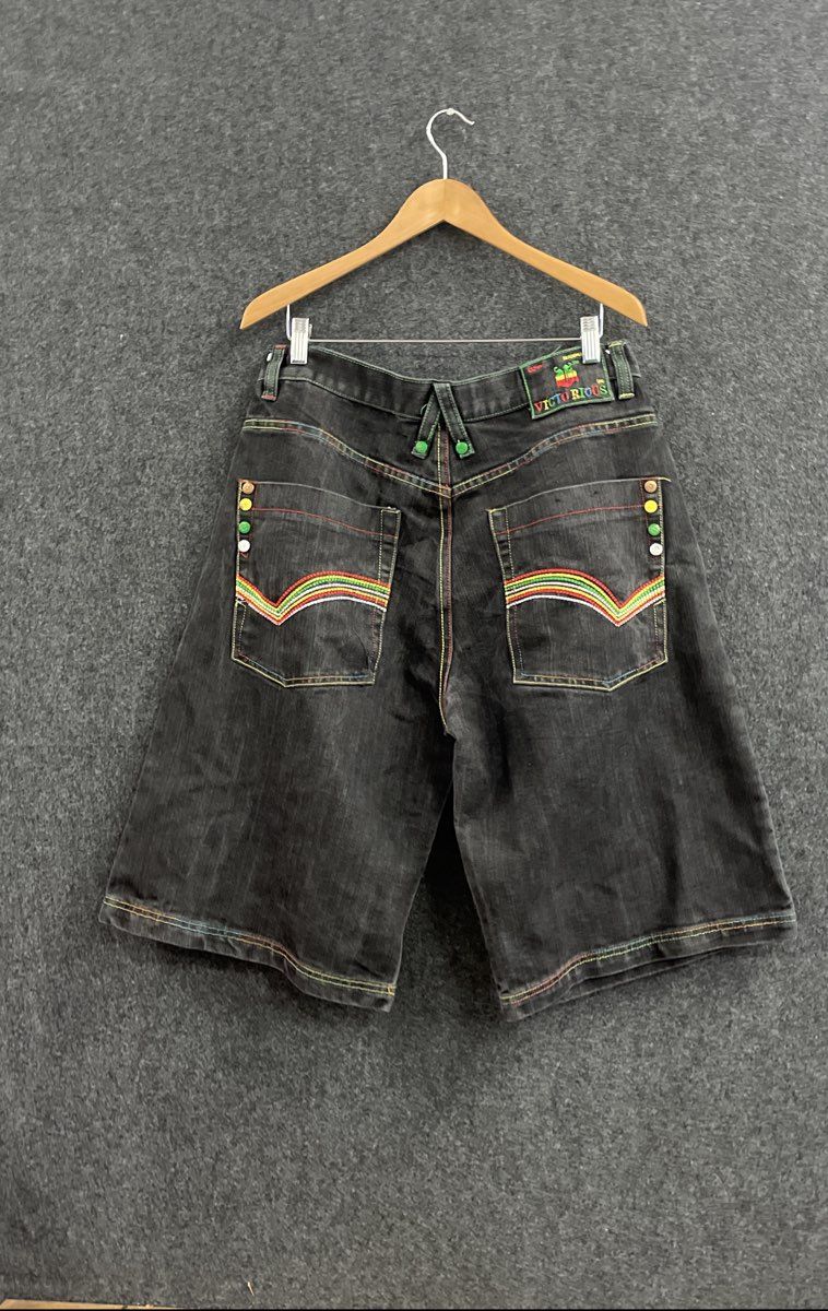 Victorious Men's Black Denim Shorts Rasta Multi-Color Contrast Stitch Sz 36