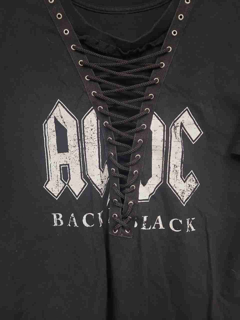 AC/DC Back in Black Album T-Shirt Reprint Lace-Up V-Neck Womens Sz L