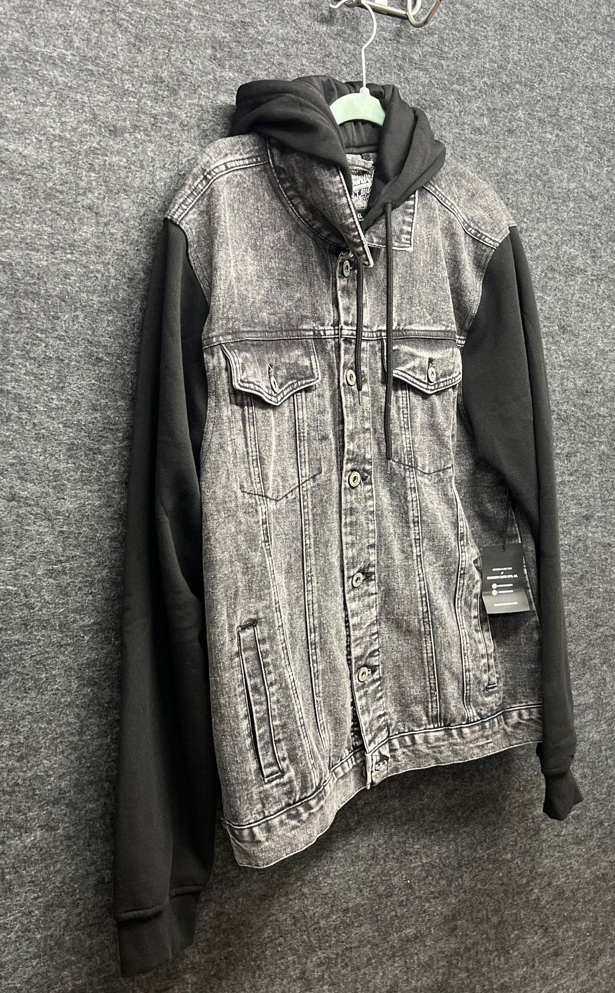 Brooklyn Cloth Men's Grey Acid Wash Hooded Denim Jacket Black Sleeves Sz XL NWT