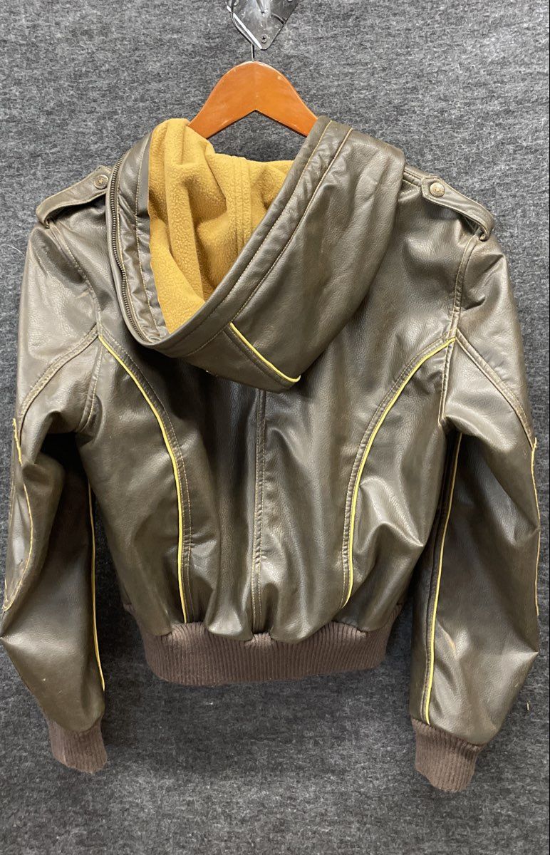 Steve Madden Men's Brown Hooded Bomber Leather Jacket Contrast Piping Sz M