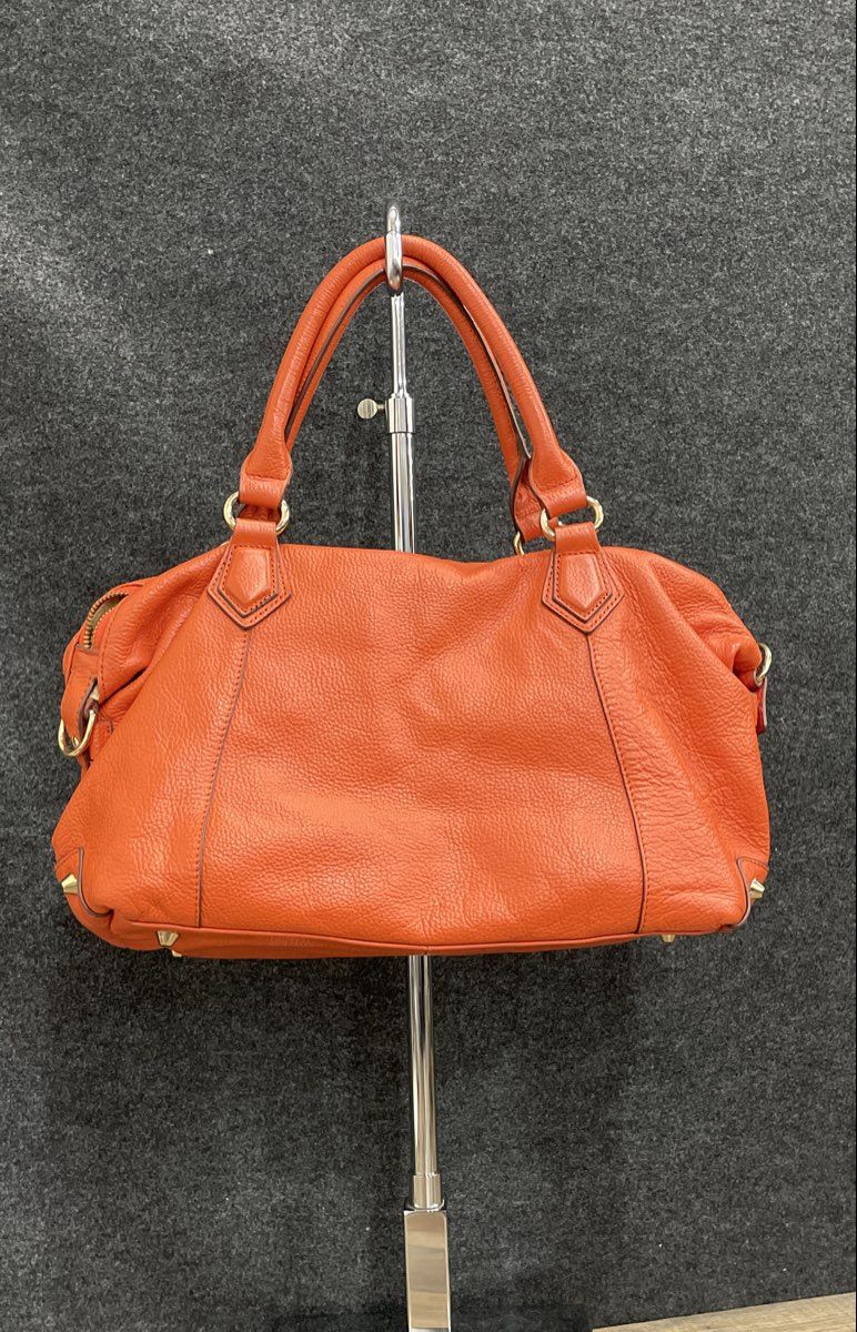 Ora Delphine Orange Pebbled Leather Satchel Handbag Gold Studs
