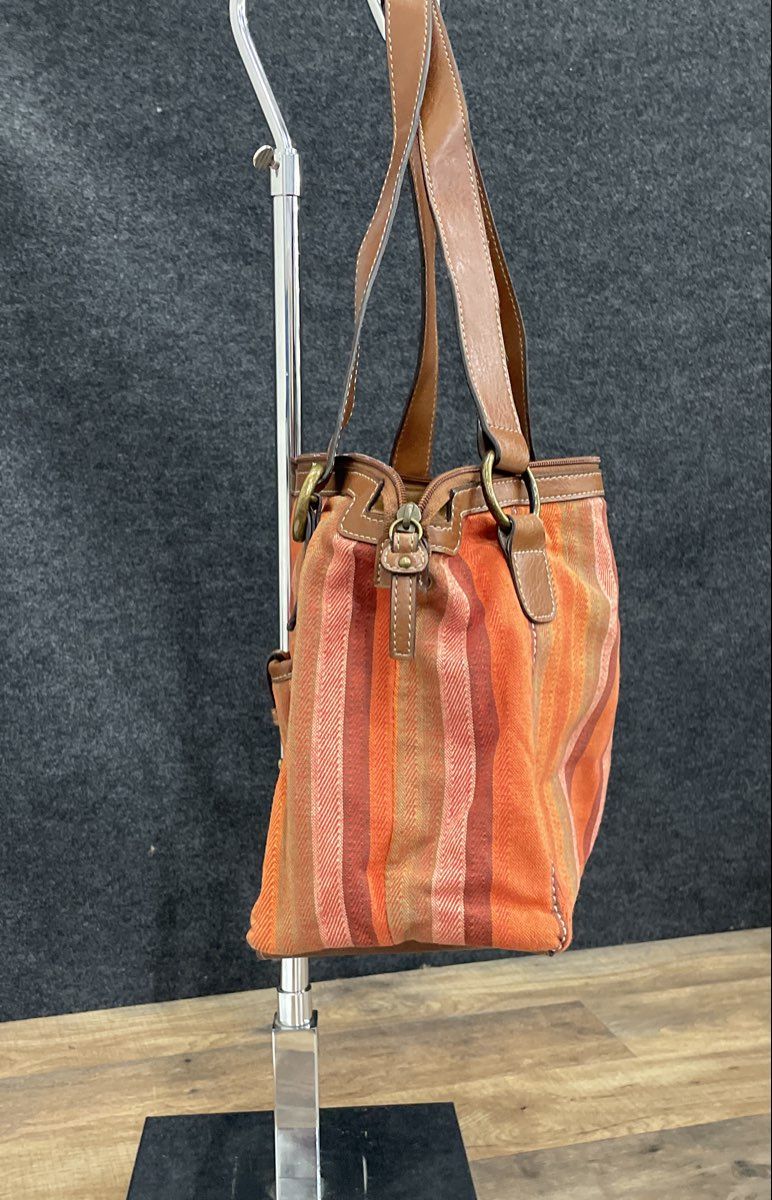 Kim Rogers Orange Multi Striped Canvas Shoulder Bag Handbag Brown Trim