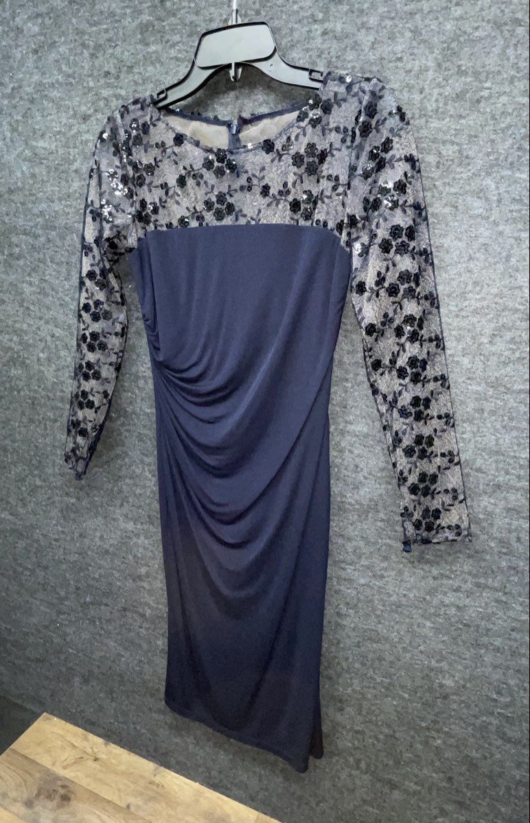 David Meister Navy Blue Floral Sequined Lace Top Ruched Sheath Dress Size 2