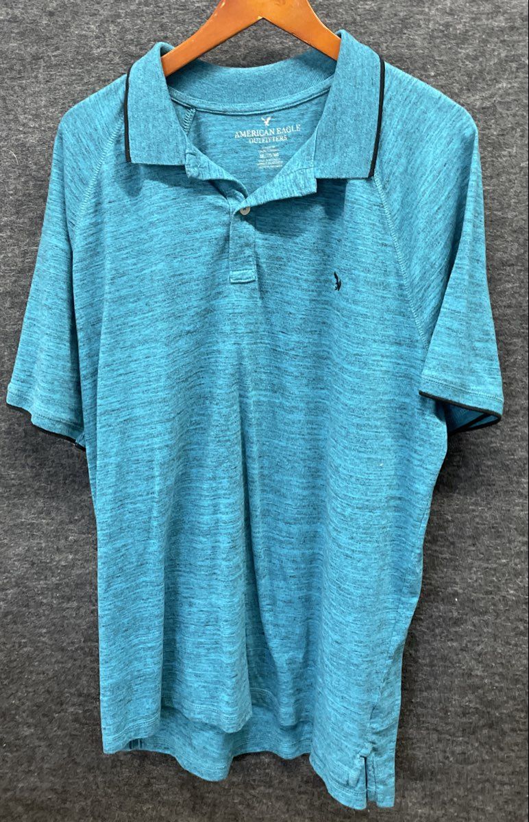 American Eagle Men's Teal Blue Heathered Raglan Short Sleeve Polo Shirt Sz XXL
