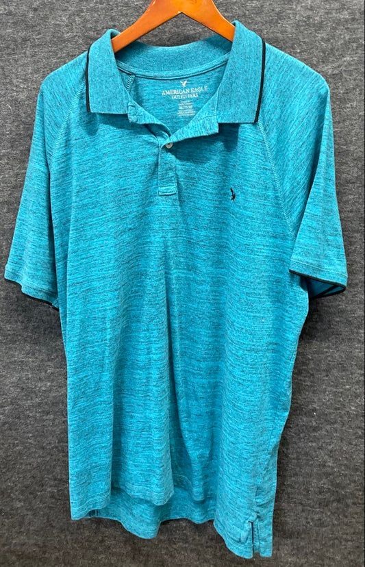 American Eagle Men's Teal Blue Heathered Raglan Short Sleeve Polo Shirt Sz XXL